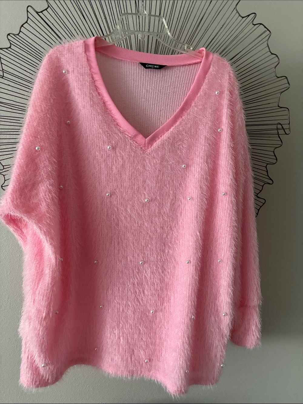 Chicme Pink V-Neck Sweater with Pearl Accents Size XL